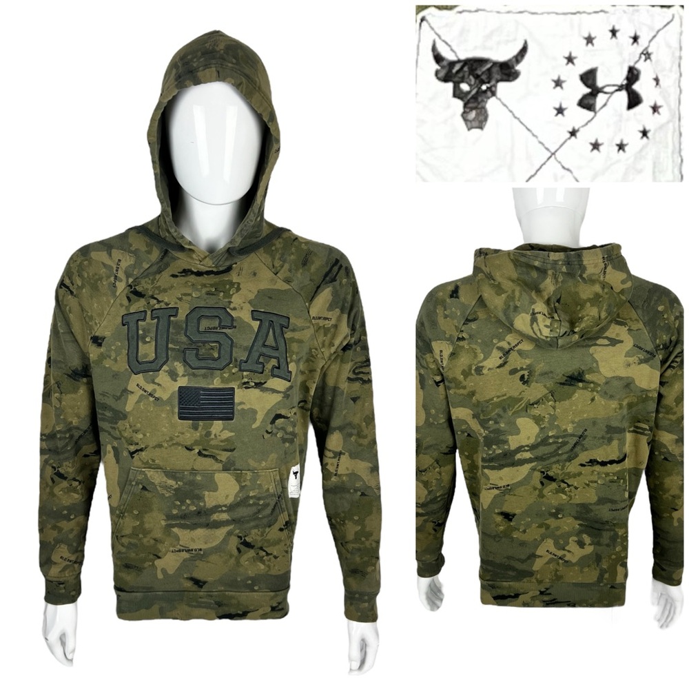 Under Armour Mens Medium Hoodie Green Camo Project Rock Veterans Day Sweatshirt
